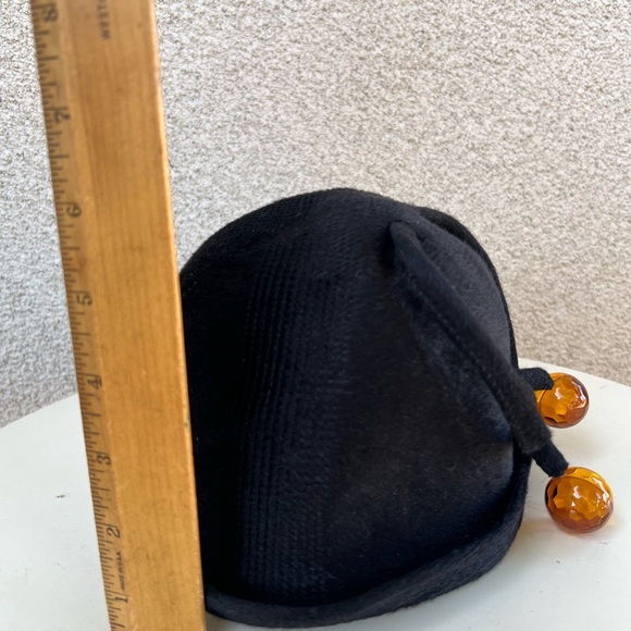 Vintage black wool bucket hat 2 lucite amber balls Adolfo Realites Small 21” - Picture 8 of 10
